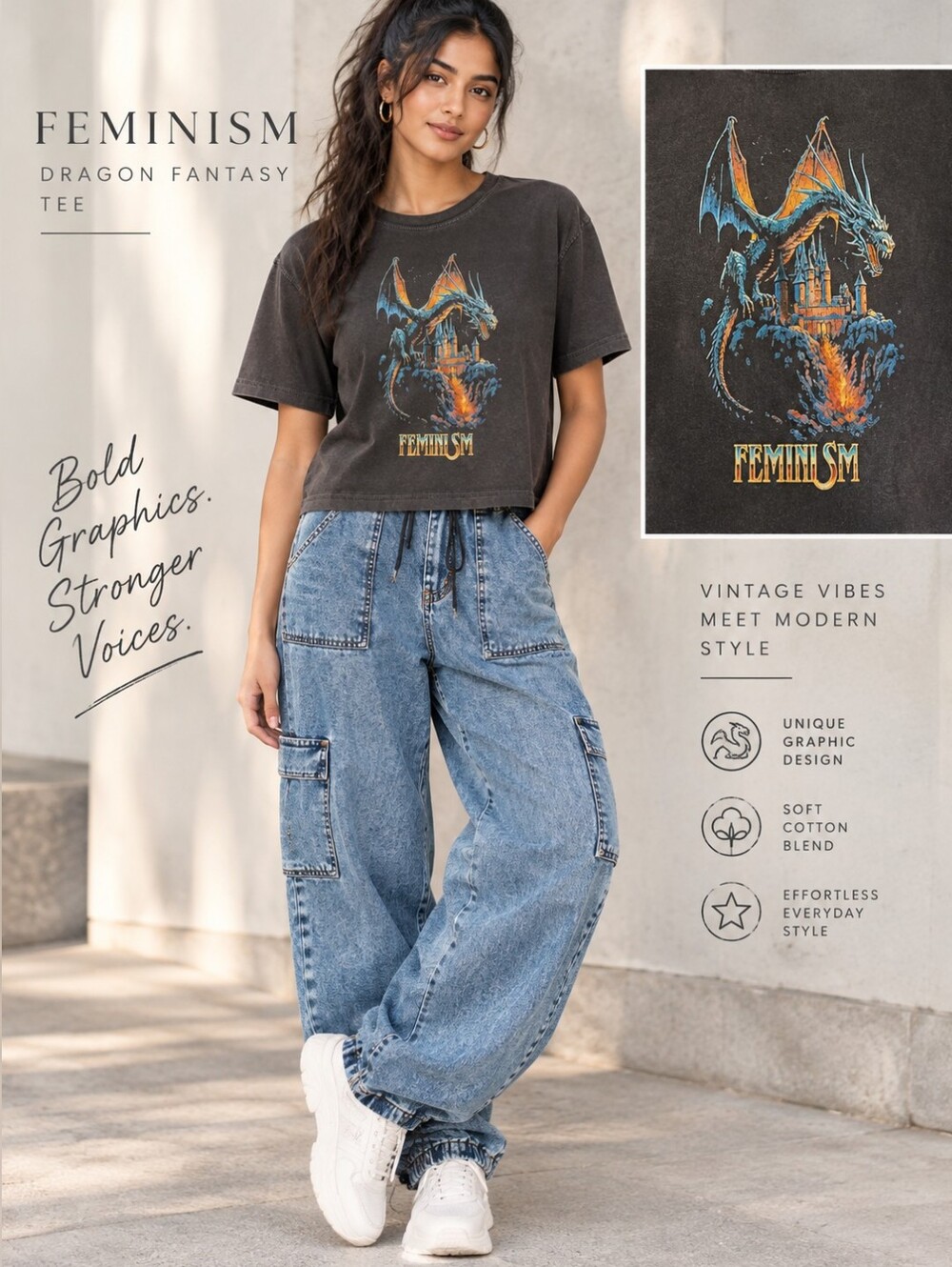 Feminism Dragon Fantasy Graphic Tee-Shirt Sz M Brown